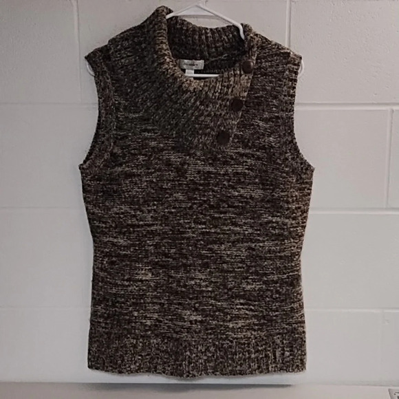 Mock Cowl Neck Sweater Vest Top Jacket Shell Tan Button Detail Fall Chunky look - Picture 10 of 10